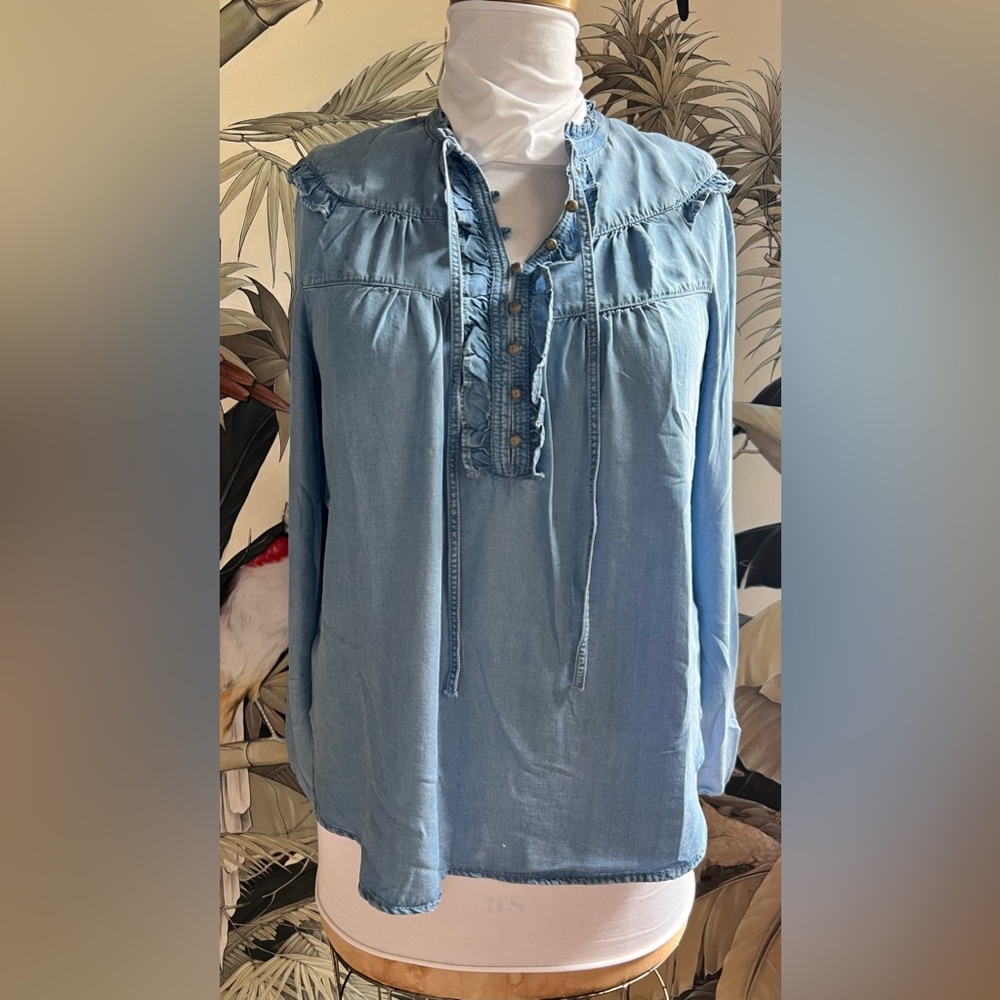 Maeve Blue Ruffled Long Sleeve Blouse with Bib Collar
